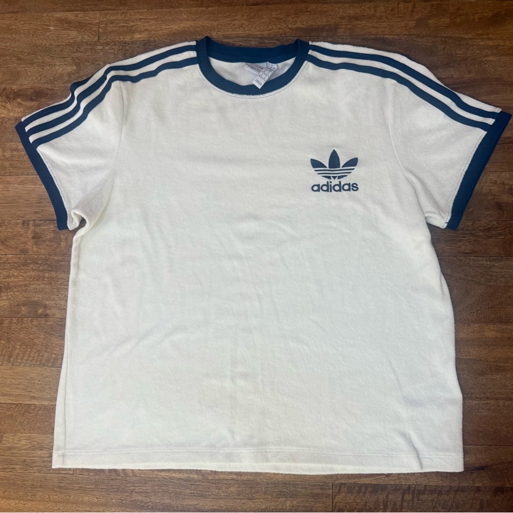 Adidas Men's White Terrycloth T-Shirt with Blue Accents Medium